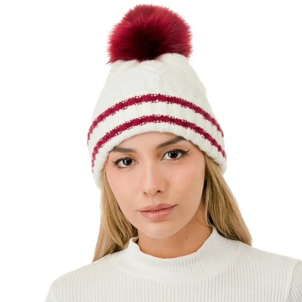 ๐ฅMarcus Adler Cozy & Stylish Knit Pom Varsity Beanie White w/ Burgundy Pom NWT - Picture 1 of 4